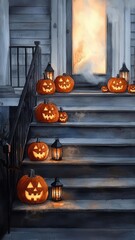 Obraz premium A haunted front porch adorned with glowing jack-o'-lanterns, eerie fog drifting through the air, and flickering lanterns casting long shadows on the steps