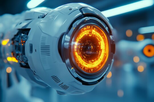 High tech robotic eye zooming on digital data showcasing futuristic surveillance capabilities