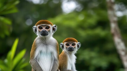 Obraz premium A mother golden monkey protects her baby, both showing unique facial features and vibrant fur, amidst the rich greenery of their forest habitat