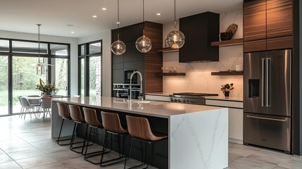 Sunlit modern kitchen with wooden dining table, minimalist decor, and stylish furniture