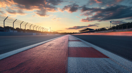 An evening scene of an international race track featuring the starting or finish line, captured through digital imaging recomposition. The asphalt track is illuminated by ambient lighting,