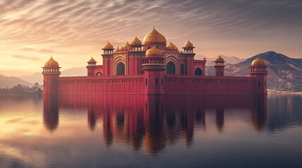 Obraz premium A majestic ruby-red palace reflecting in a calm lake, perfect for travel brochures, with copy space