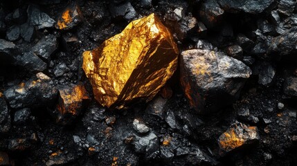 A gold rock is sitting on top of a pile of black rocks