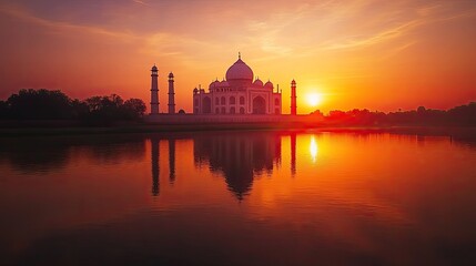 A panoramic view of the iconic Taj Mahal with a glowing ruby-red sunset in the background, ample copy space