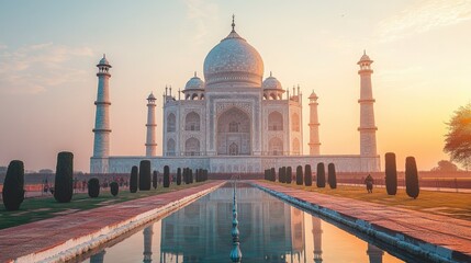 Obraz premium A panoramic view of the iconic Taj Mahal with a glowing ruby-red sunset in the background, ample copy space