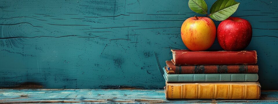 Vintage Books and Apples on a Blue Wooden Surface