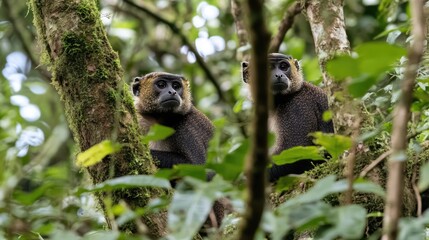 A mother golden monkey protects her baby, both showing unique facial features and vibrant fur, amidst the rich greenery of their forest habitat