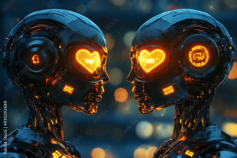 Poster two robotic heads facing each other with glowing hearts illustrating connection and tech