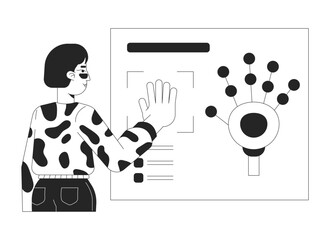 Palm scanning biometric identification black and white flat line illustration. Asian woman pressing hand 2D lineart character isolated. Digital identity verification monochrome vector outline image