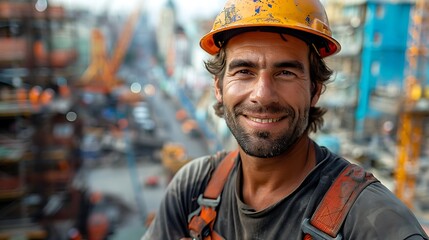A construction worker in a hard hat giving a thumbs up on a bustling building site, with cranes, scaffolding, and unfinished structures in the background,