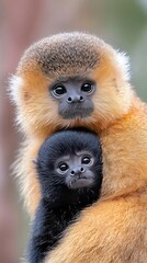 Obraz premium A mother golden monkey protects her baby, both showing unique facial features and vibrant fur, amidst the rich greenery of their forest habitat