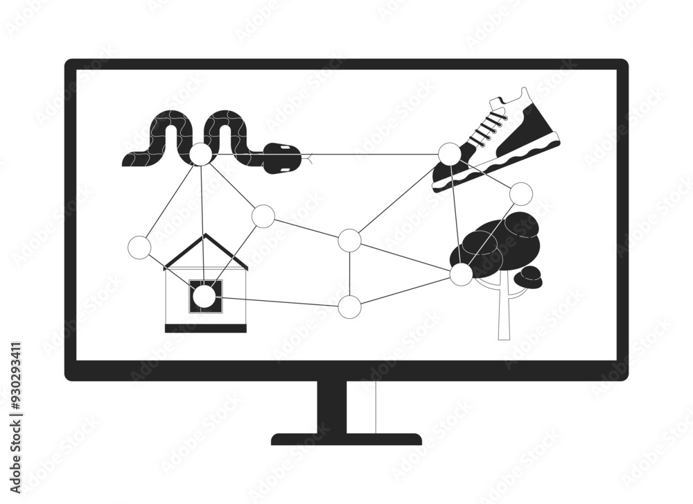 Poster Computer screen-based eye tracking black and white flat line illustration. Visual response to stimuli displayed on monitor 2D lineart object isolated. Eyetracking task monochrome vector outline image