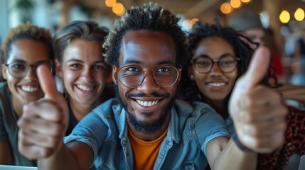 Fototapeta premium A diverse group of coworkers in a modern, vibrant office environment, all giving enthusiastic thumbs up while gathered around a desk with laptops and paperwork, celebrating a successful project,