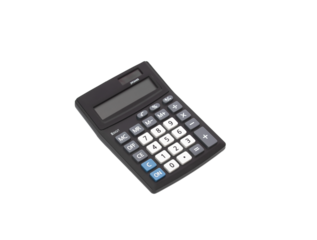 Black calculator isolated on white background with no display, copy space