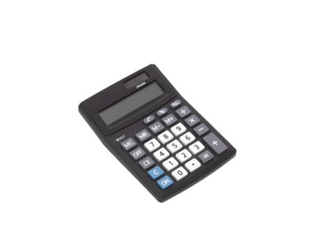 Black calculator isolated on white background with no display, copy space
