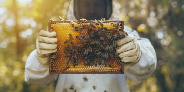 Apiarist in suit, holding honeycomb, working in rustic apiary, surrounded by bees and nature.