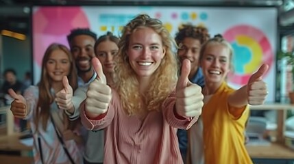 Obraz premium A diverse group of coworkers in a trendy, tech-savvy office environment, all giving thumbs up while standing in front of a large screen displaying their successful project, captured in a high-energy,