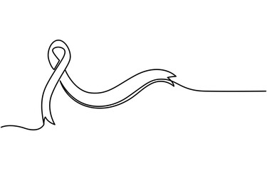 Breast cancer awareness ribbon hand drawn with single one continuous line. Isolated vector illustration. Editable stroke. Vector illustration in sketch style, One continuous line drawing