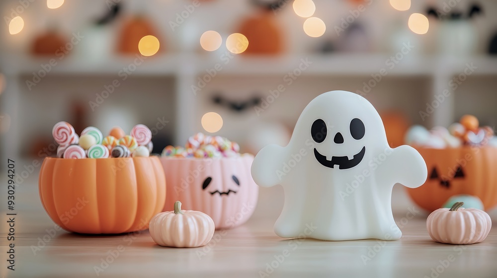 Wall mural Cute Ghost and Pumpkins for Halloween.