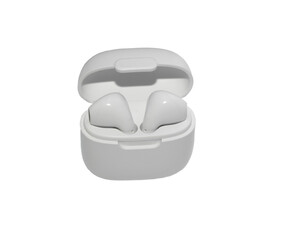 White modern wireless headphones isolated on white background. Copy space
