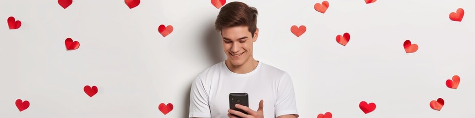 Fototapeta premium Handsome, cheerful man holding mobile phone, smiling and chatting in studio with heart background, romantic portrait.