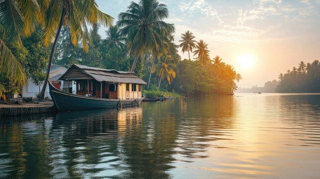 The peaceful backwaters of Kerala, India, with traditional houseboats and coconut palms. Copy space available