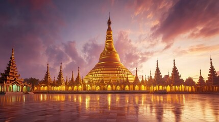 Fototapeta premium The serene Shwedagon Pagoda in Yangon, Myanmar, glowing golden under the twilight sky. Copy space available