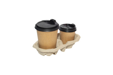 Disposable craft paper coffee cups with black cover in holder isolated on white background, mock up