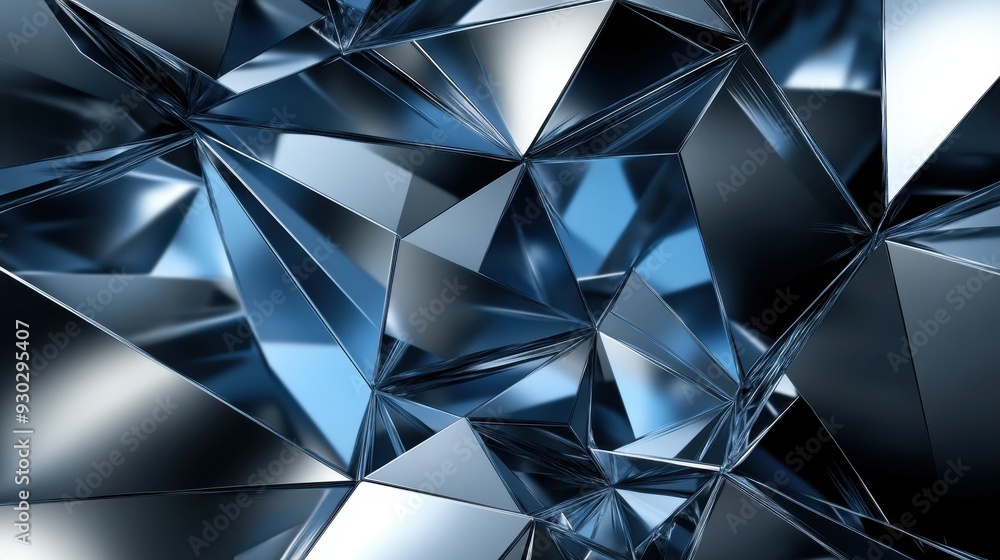 Poster a close-up of a complex, reflective, and angular crystal-like structure in blue tones.