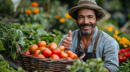 Fototapeta premium A gardener giving a thumbs up while holding a basket of freshly harvested vegetables, standing in a vibrant garden with a variety of plants and flowers, captured in sharp detail with bright,