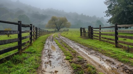 Fototapeta premium Muddy dirt road winding through a misty field with wooden fences and trees in the background