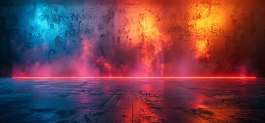 abstract background with neon blue and orange light on dark concrete wall in empty room with floor reflection
