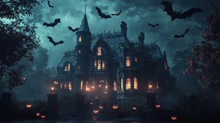A haunted house with bats flying around it