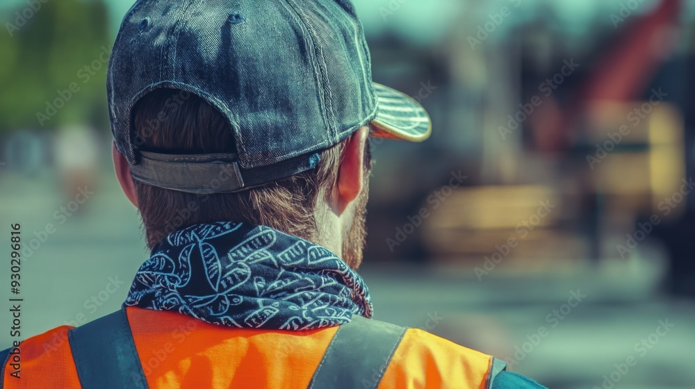 Poster a construction worker stands with a reflective vest and a cap, watching ongoing tasks at a worksite 