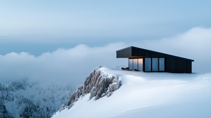 A stylish modern house built on a snowy hillside offering breathtaking views of snow-covered mountains and valleys, with warm light shining from large windows creating a serene atmosphere.