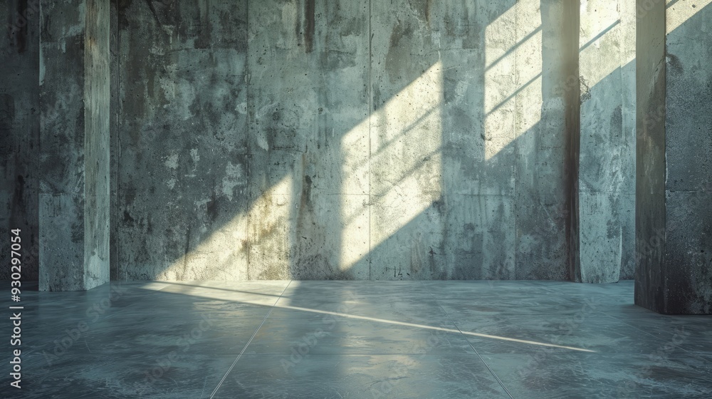 Poster sunlight streaming through large windows in a minimalist concrete room with rough walls