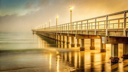 Obraz premium Soft golden light envelops the pier, casting reflections on the gentle waves as dusk approaches along the serene beach