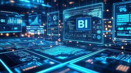 Fototapeta premium Business Intelligence Data analysis Data mining A high-tech command center with holographic dashboards displaying complex data analysis and mining operations