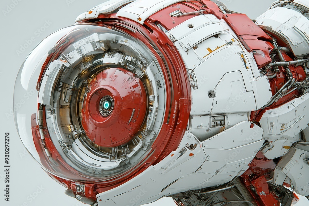 Poster futuristic robot eye observing in a metallic red and white assembly a vision of advanced ai
