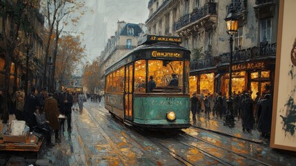 Obraz premium A red trolley is on a wet street in a city