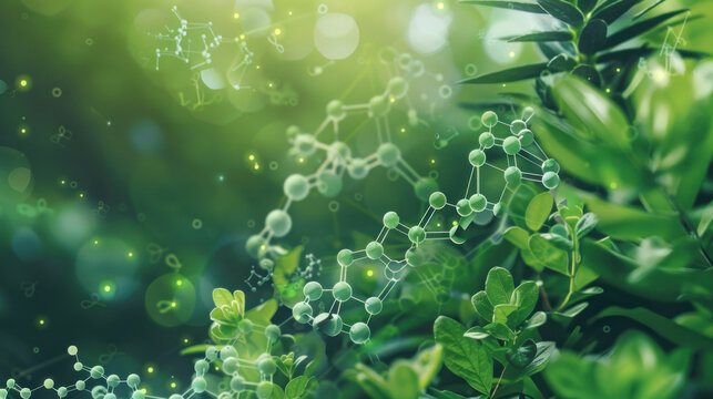 DNA and molecular structure overlay on a green background with various plants, representing biochemistry in nature