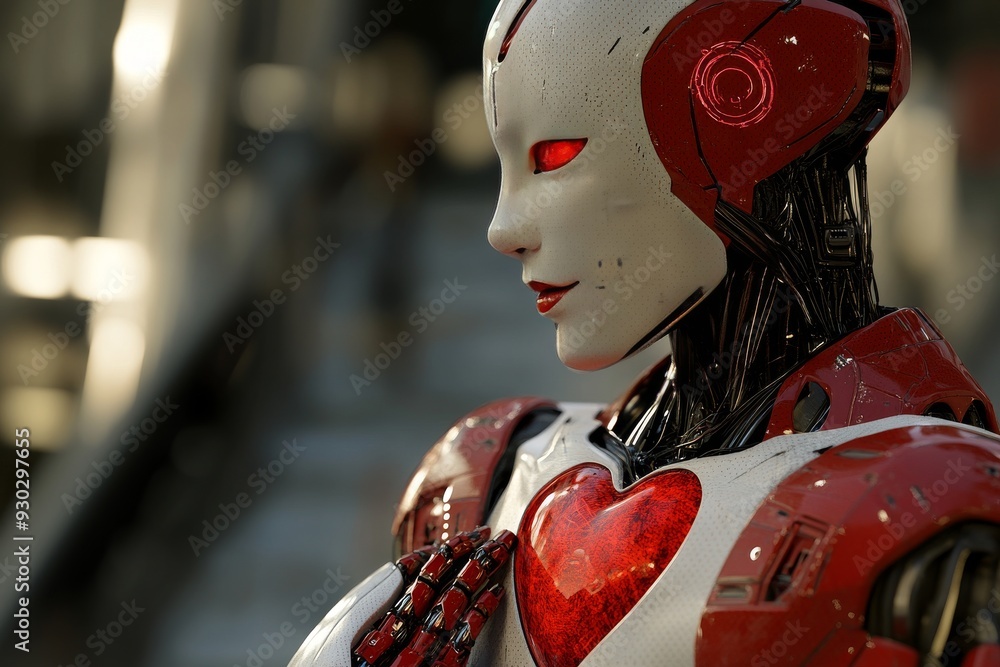 Poster close up of a robotic face with a heart blending emotion and technology in a unique portrait