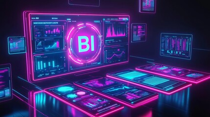 Business Intelligence Reporting Automation A futuristic dashboard with automated business intelligence reports generating in real-time