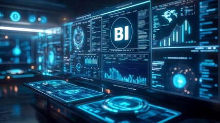 Business Intelligence Reporting Automation A futuristic dashboard with automated business intelligence reports generating in real-time