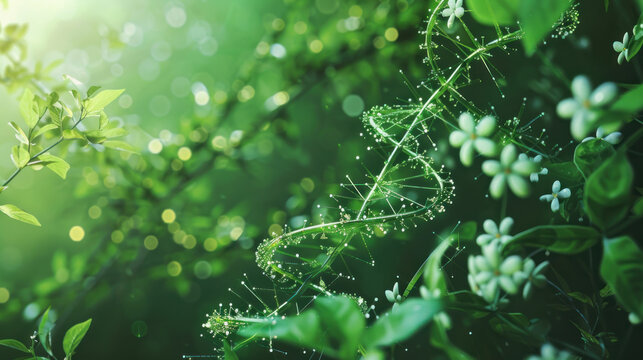 DNA and biochemistry molecules intertwined with plant images on a green background, showcasing scientific exploration