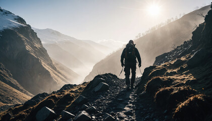 Fototapeta premium Highland Forgotten in Foggy Winter: The Discoverer's Jaunt Engulfed in Landslide