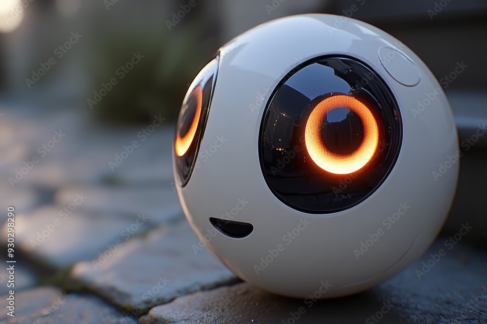 Poster robotic sphere with glowing orange eyes a captivating and innovative design in robotics