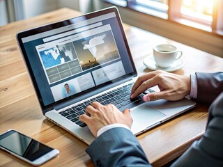 A professional's hands point to a laptop screen displaying a website, symbolizing online data search, technology, and optimization, highlighting modern work and business practices.