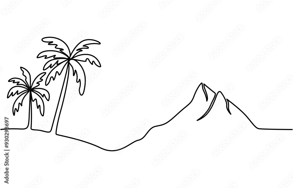 Poster one continuous line drawing of mountain range landscape, mountain range continuous one line drawing.