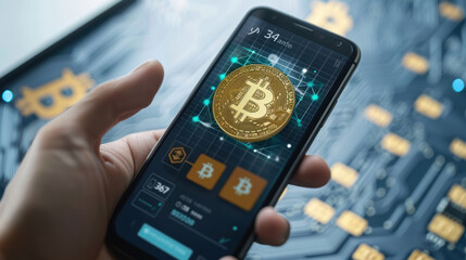Digital wallet concept with a smartphone displaying cryptocurrency transactions and a Bitcoin symbol